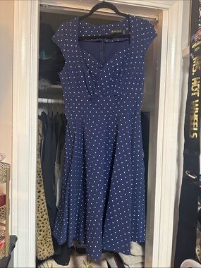 Retro Polka Dot Navy Swing Dress with Sweetheart Neckline and Pockets XL